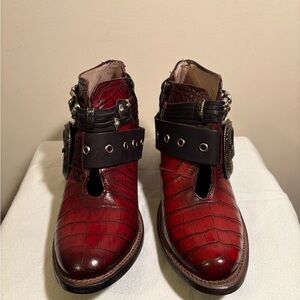 freebird Red Croc-Embossed Leather Ankle Boots with Buckle Strap